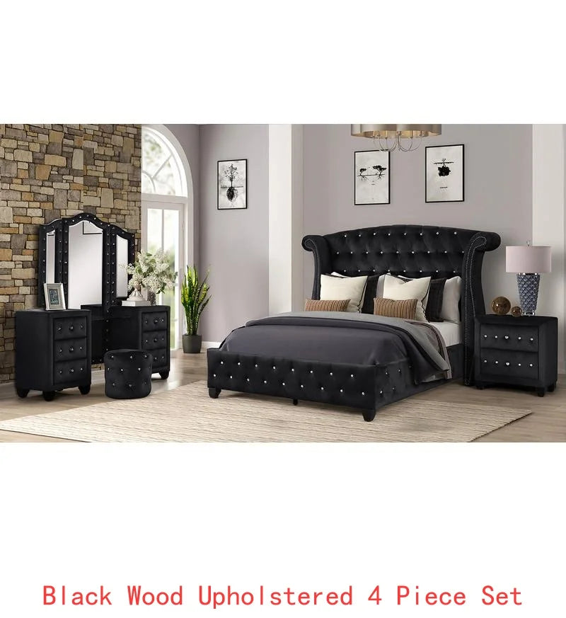 Upholstered Queen 4-Piece Vanity Bedroom Set, Crystal Tufted Design, Wooden Frame - Ohberri