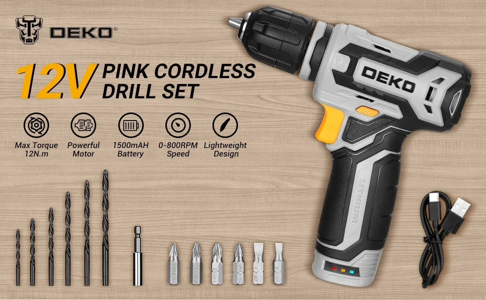 DEKO 12V Power Battery Cordless Drill Set with Small Electric Drills and 3/8-inch Ohberri