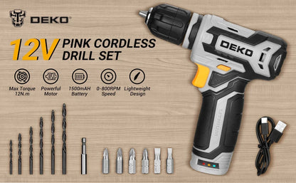DEKO 12V Power Battery Cordless Drill Set with Small Electric Drills and 3/8-inch Ohberri