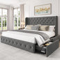 Bed Frame with 4 Storage Drawers and Tufted Headboard Velvet Upholstered Platform - Ohberri