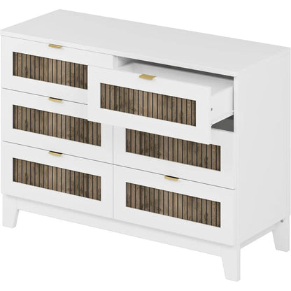 4 Pieces Bedroom Sets Queen Size Farmhouse Platform Bed with Wooden Strip Decoration, 2 Storage Nightstands and A 6-Drawer - Ohberri