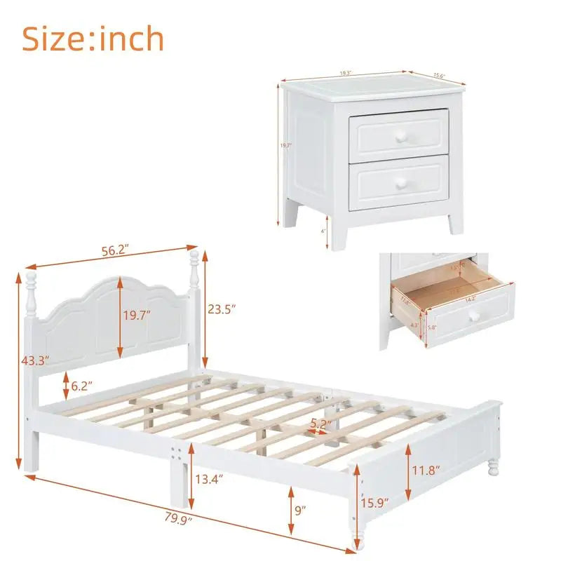 Full Size Wooden Platform Bed with 2 Nightstands, White 3-Piece Bedroom Set - Ohberri