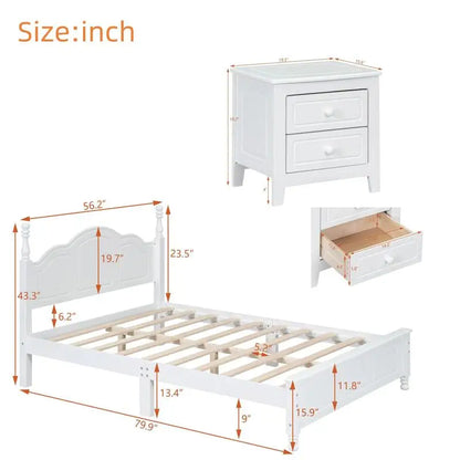 Full Size Wooden Platform Bed with 2 Nightstands, White 3-Piece Bedroom Set - Ohberri