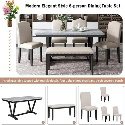 6 Pieces Dining Table Set with Bench, Rectangle Dining Table with 4 Upholstered Chairs & a Bench, Wood Ohberri
