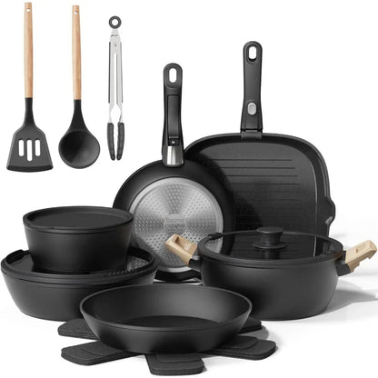 19 Pcs Pots and Pans Set Non Stick Ceramic Cookware Set with Removable Handles Ohberri