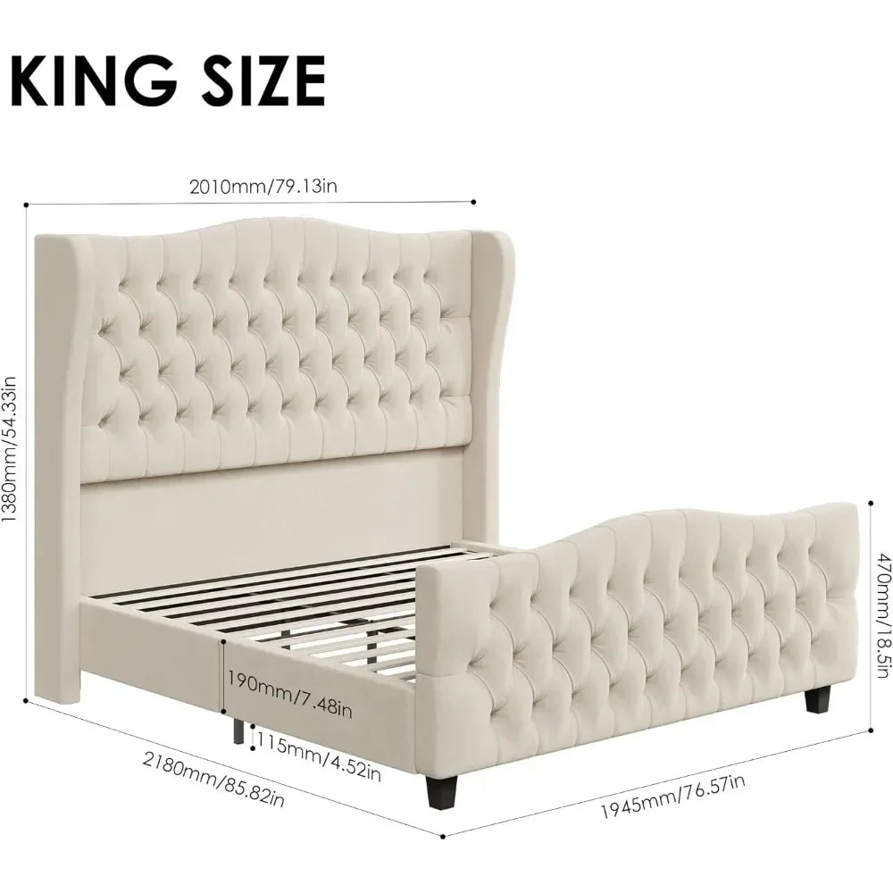 Velvet Upholstered Deep Button Tufted Wingback Headboard and Footboard - Ohberri