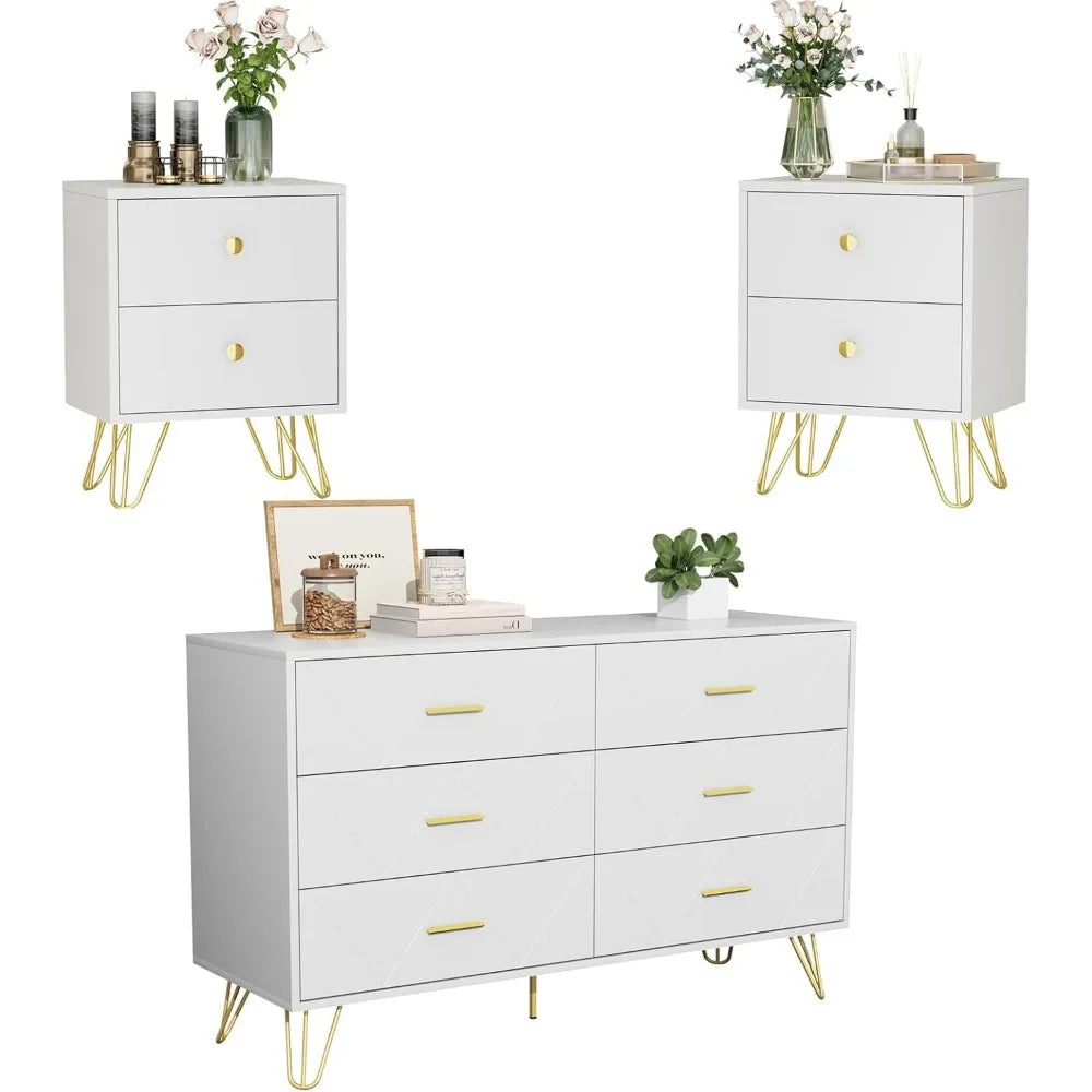 3 Pcs Bedroom Sets, Large 6 Drawer Dresser and Two Drawers Nightstand Set of 2 - Ohberri