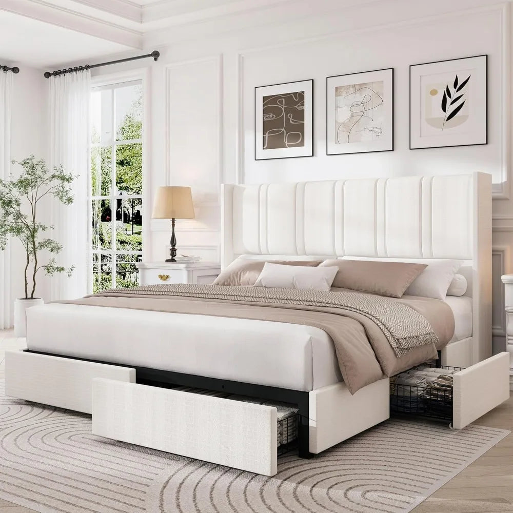 King Size Bed Frame with 4 Storage Drawers and Wingback Headboard Linen Upholstered Platform Bed Frame with Wooden Slats - Ohberri