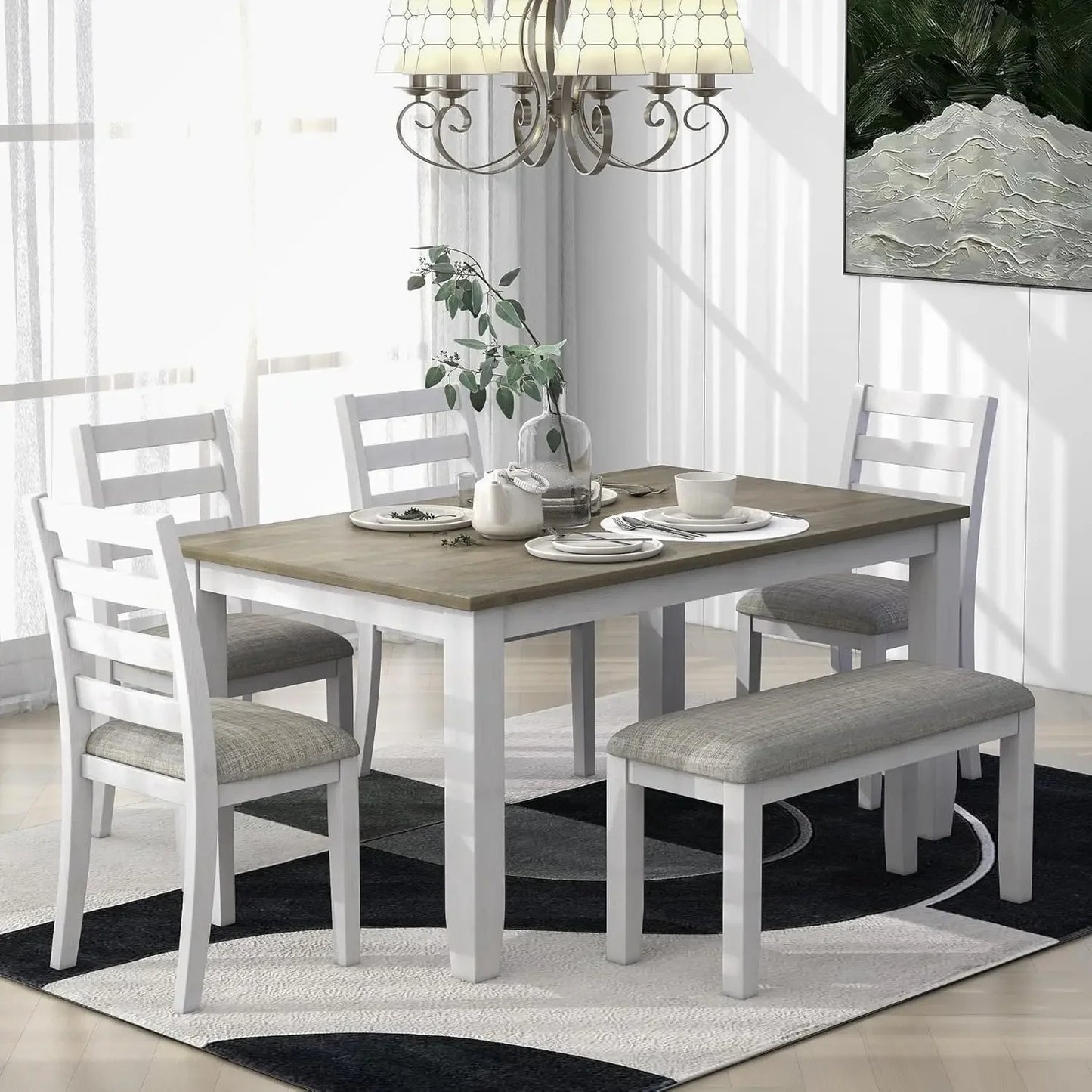 Farmhouse Dining Room Table Set with Storage Shelf Wooden 6 Piece Kitchen Table Set with Bench and Chairs - Ohberri