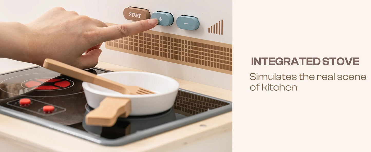 Wooden Play Kitchen with Real Lights Sounds Ice Cube Dispenser -White - Ohberri