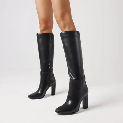 knee high thick high heels square toe boots Ohberri