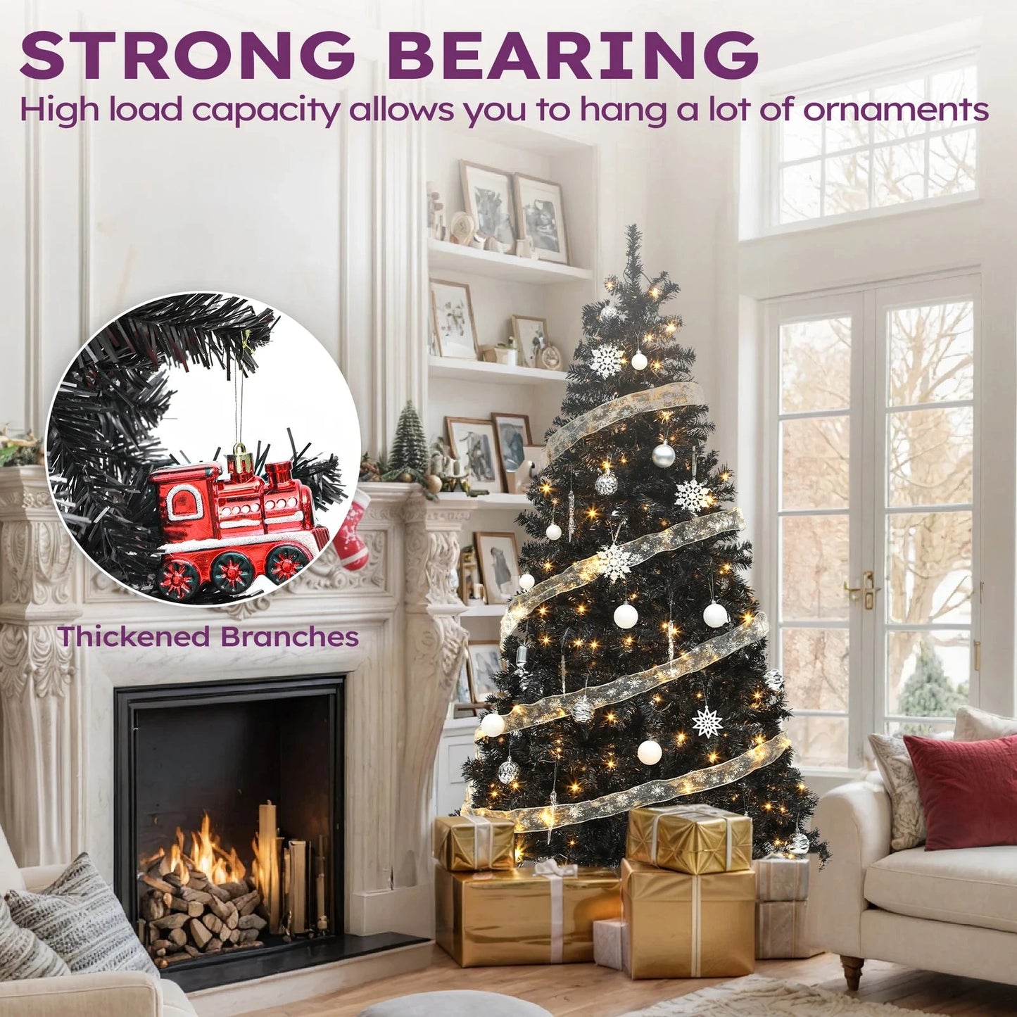 6 ft Prelit Black Christmas Tree Artificial with 818 Branch Tips & 250 Lights Ohberri