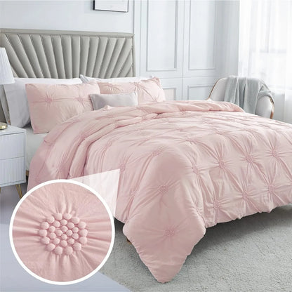 Full/Queen Baby Pink Rose Blush Comforter Set - Ruched 3D Floral Pintuck Bedding Set - 3 Pieces Bed Linen, 1 Comforter - Ohberri