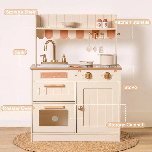 Wooden Kitchen Play set with Realistic Design Sink Oven, Stove Cabinet Vintage Style for Kids - Ohberri