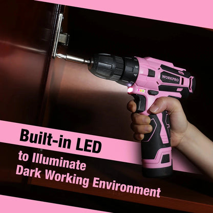 WORKPRO Pink Cordless Drill Driver Set, 12V Electric Screwdriver Driver Tool Kit, 3/8" Ohberri