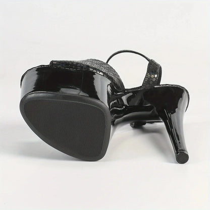 Black Waterproof Stiletto High Heels 6.69inch Platform Stone Pattern Ohberri