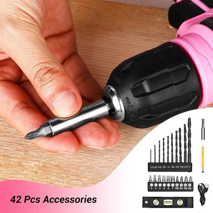 DEKO 8V Pink Cordless Drill, Drill Set with 3/8"Keyless Chuck, 42pcs Ohberri