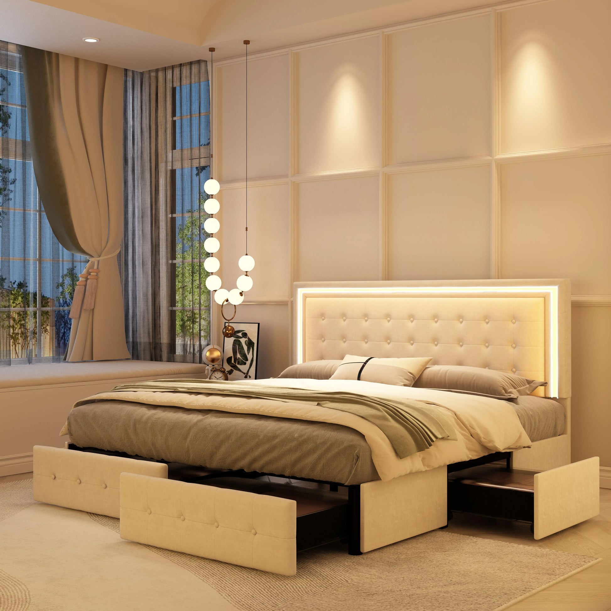 LED Bed Frame with 4 Storage Drawers, RGBW Headboard, PU Upholstered - Ohberri