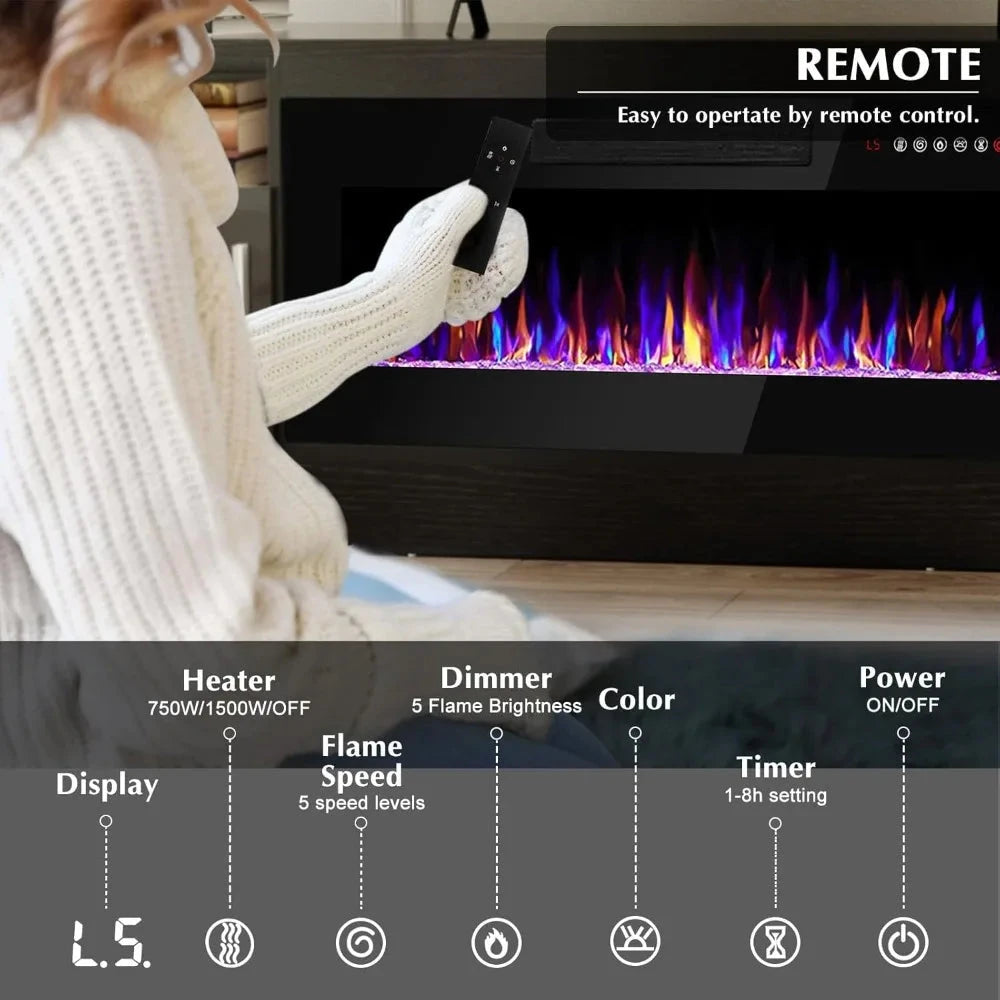 Fireplace tv Stand with 36 inch Fireplace Up to 80" TVs,LED Light 70" Modern Wood Ohberri