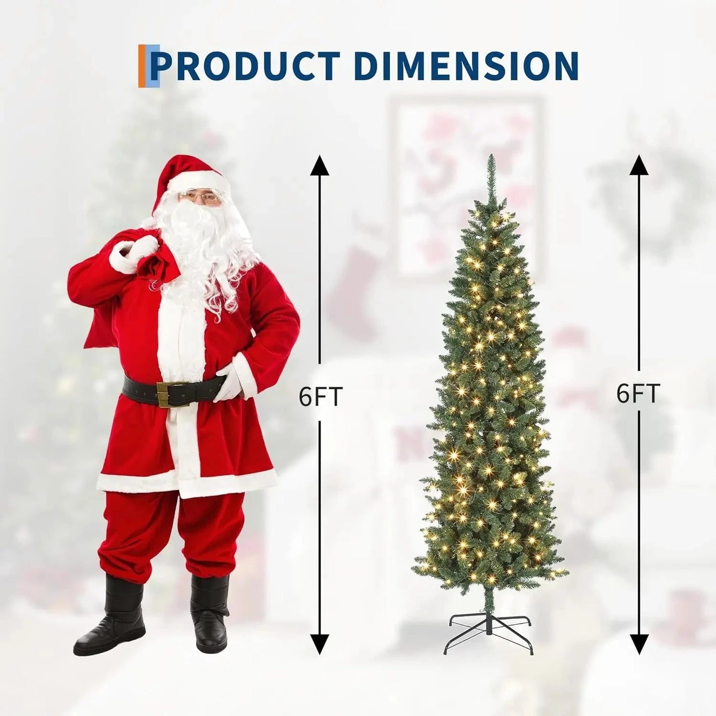 6/7.5/9/12 FT Pencil Christmas Tree Artificial Slim Christmas Tree With LED Light Ohberri