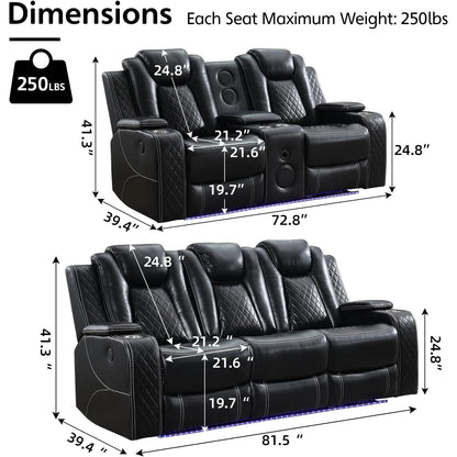 5 Seater Faux Leather Power Recliner Sofa Set with Drop-Off Table, Wireless Charger & Type-C, Loveseat with Bass Speaker - Ohberri
