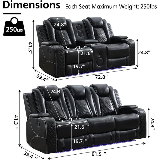 5 Seater Faux Leather Power Recliner Sofa Set with Drop-Off Table, Wireless Charger & Type-C, Loveseat with Bass Speaker - Ohberri