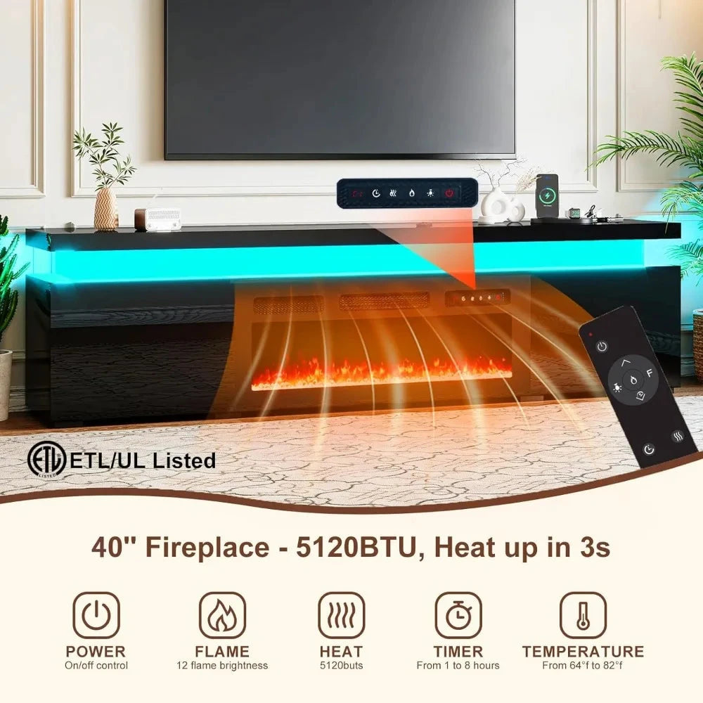 85’’ Fireplace TV Stand for 90 Inch TVs, Modern with LED Lights, High Gloss with 40’’ Electric Ohberri