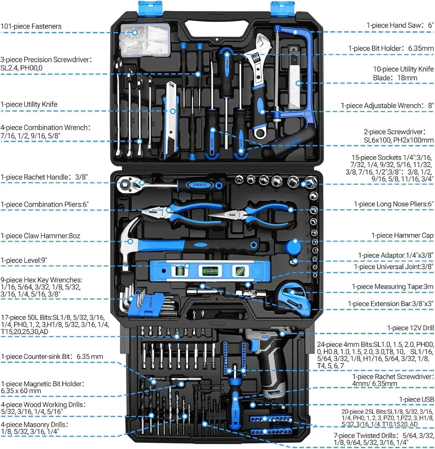 DEKO Mechanic Toolbox with 12V Power Cordless Drill Hand Repair Tools Sets Ohberri