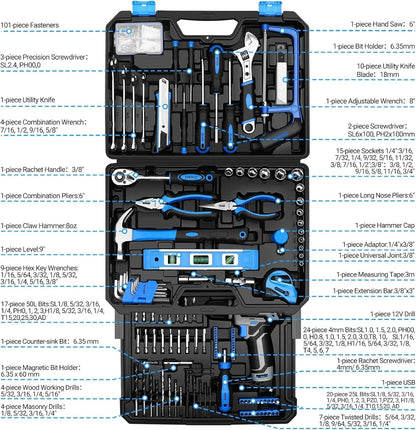 DEKO Mechanic Toolbox with 12V Power Cordless Drill Hand Repair Tools Sets Ohberri