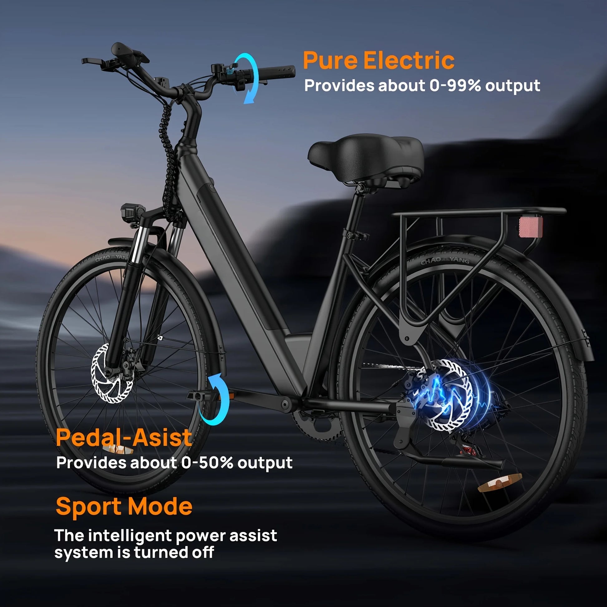 Peak 750W E26 Electric Bike 26x2" Commuter Tires 48V 10.4Ah 20MPH Speed 7-Speeds LCD Display - Ohberri
