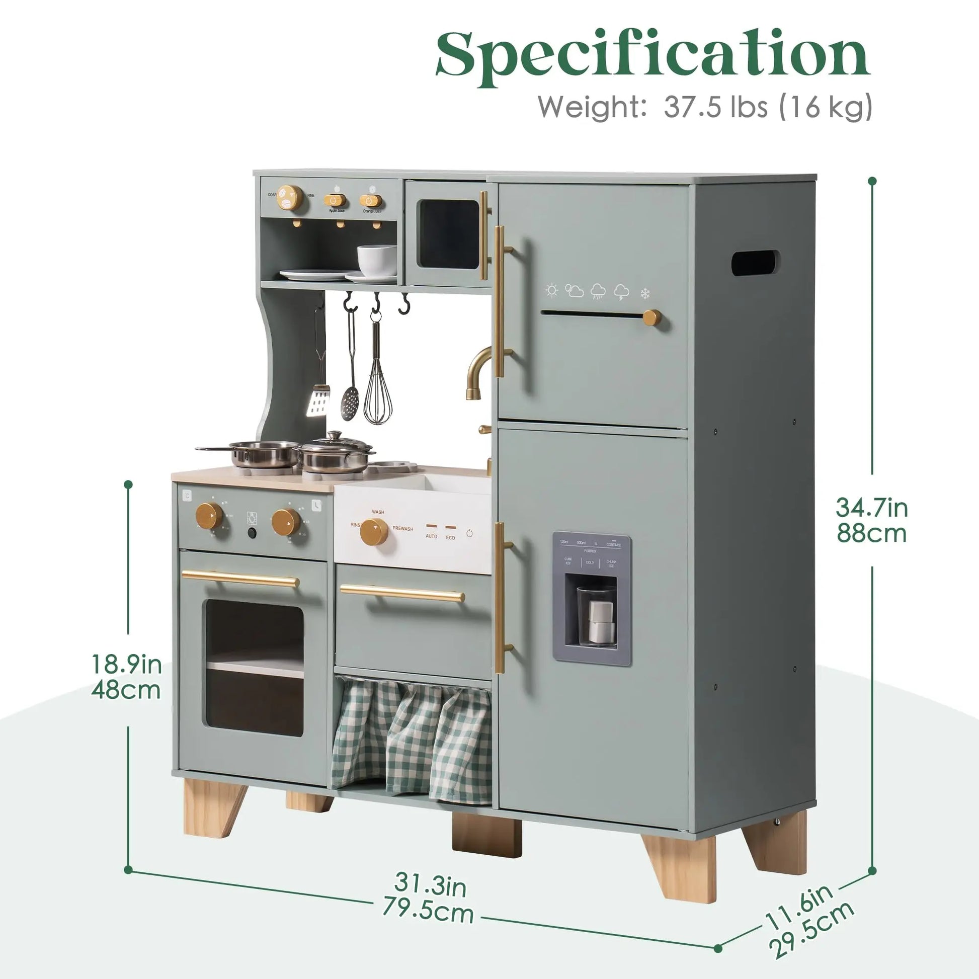 Play Kitchen 10 in 1 Wooden Toy With Appliances & Utensils - Ohberri