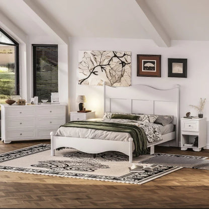 4-Pieces Retro Style Bedroom Sets, Queen Size Platform Bed Storage Nightstand and Dresser with Metal Handle, White - Ohberri