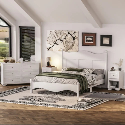 4-Pieces Retro Style Bedroom Sets, Queen Size Platform Bed Storage Nightstand and Dresser with Metal Handle, White - Ohberri