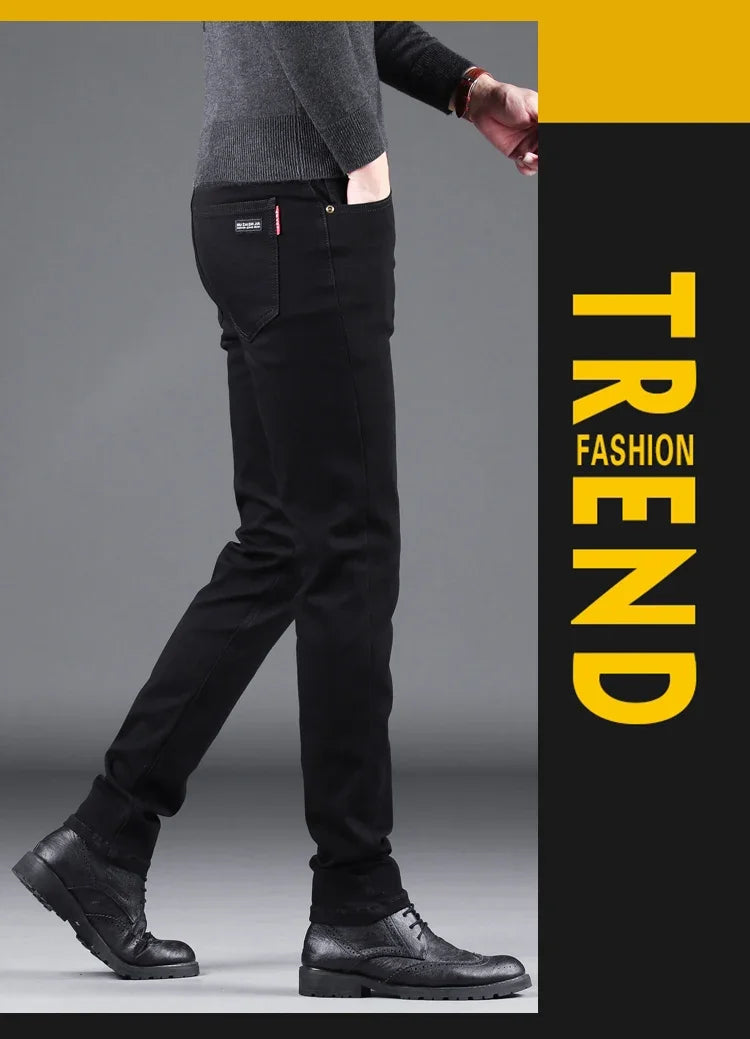 Pure Black Slim Jeans Elastic Straight Pants Ohberri