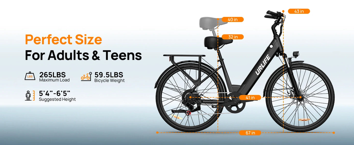 Peak 750W E26 Electric Bike 26x2" Commuter Tires 48V 10.4Ah 20MPH Speed 7-Speeds LCD Display - Ohberri