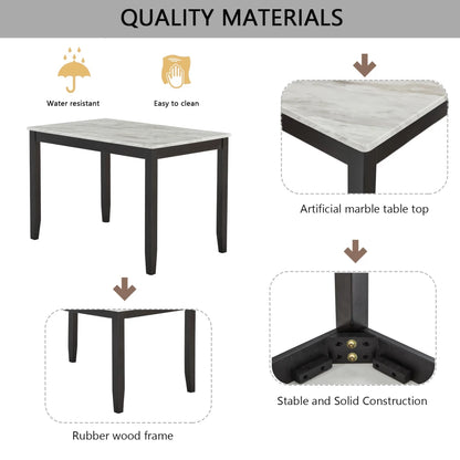 5-Piece Dining Set with Faux Marble Tabletop, Faux Marble dining table set for 4, Modern Wooden Dining Table Set for Kitchen - Ohberri