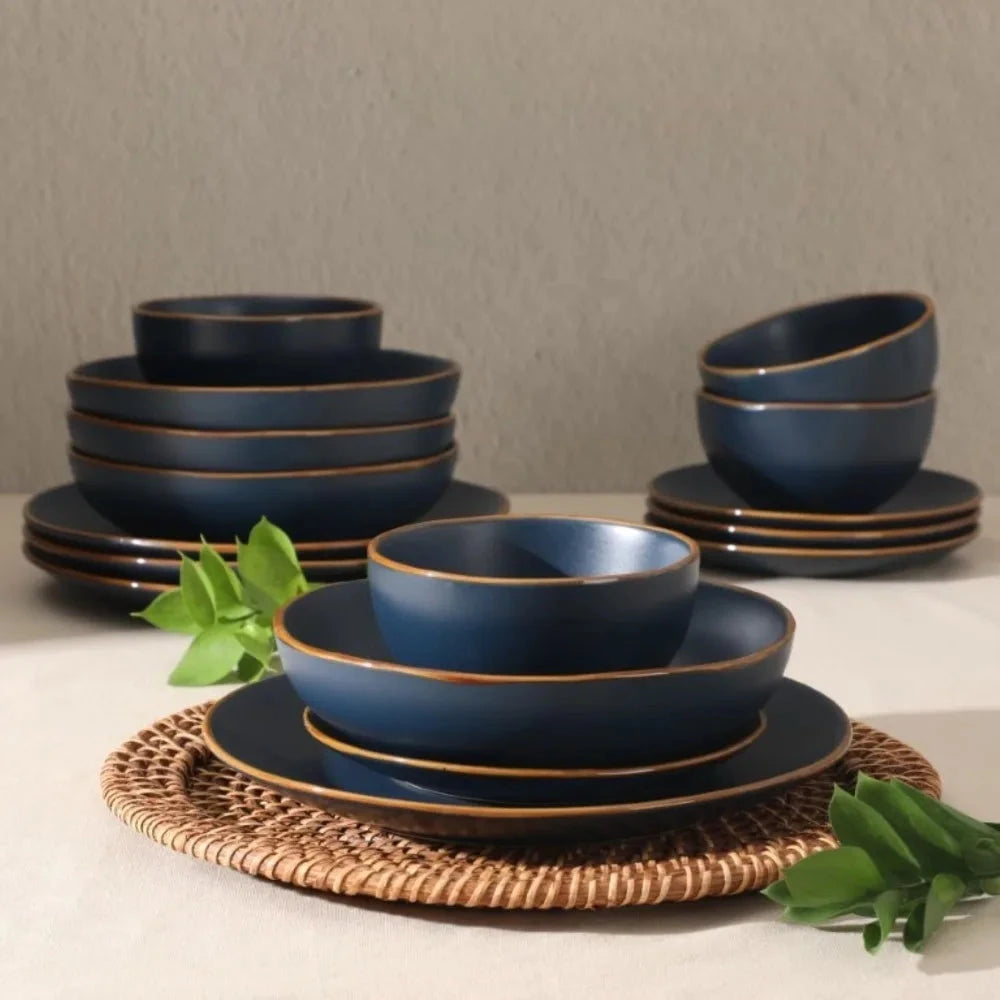 16-Piece Stoneware Ceramic Dinnerware Set with Navy Blue Plates and Bowls Ohberri