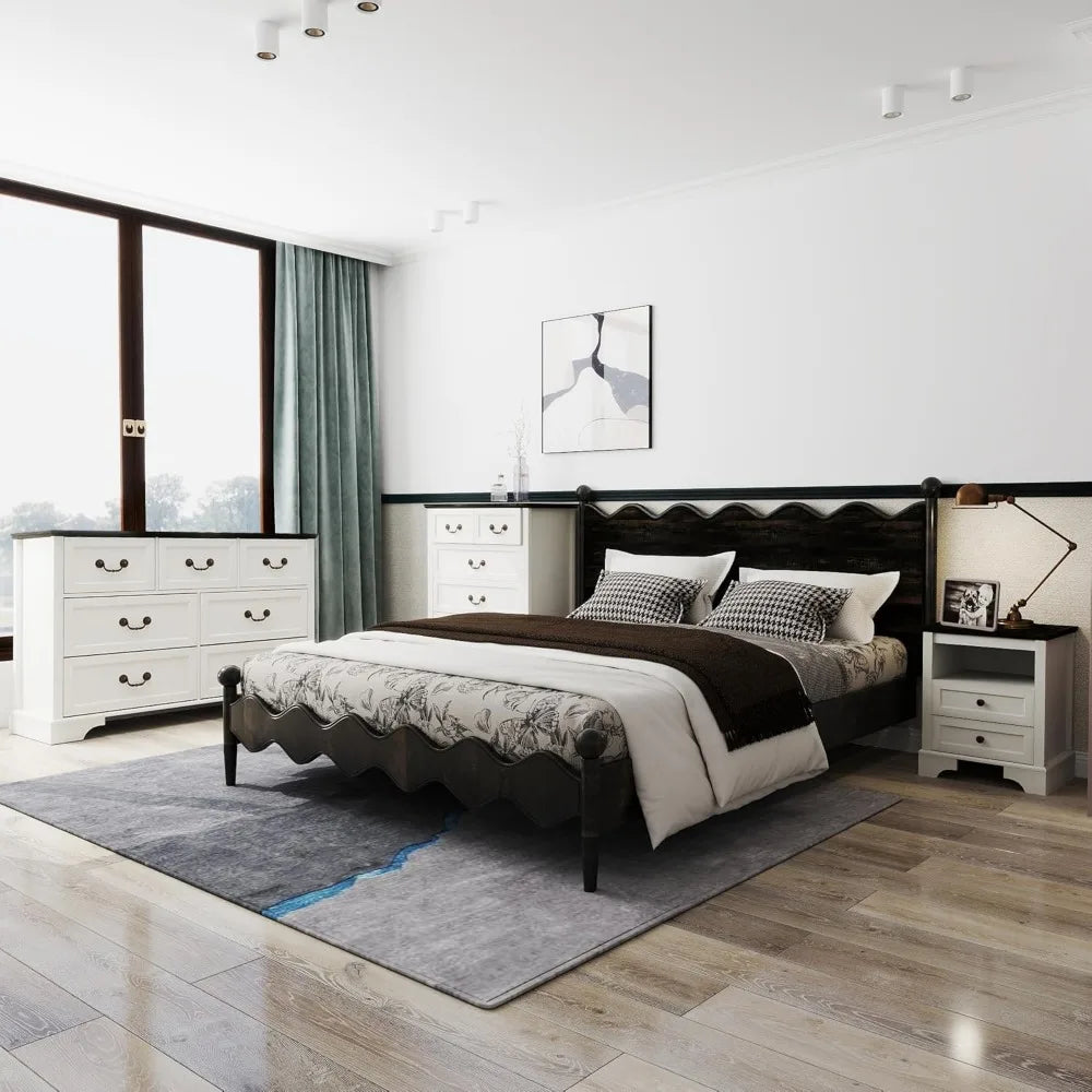 Farmhouse Bedroom Set, 3 Pieces Rustic Wood 6 Drawer Dresser and Nightstands - Ohberri