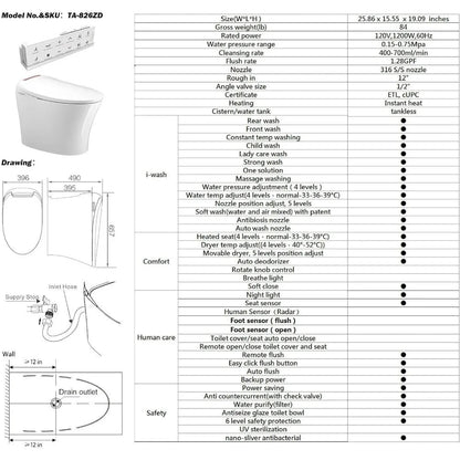 Smart Toilet With Bidet - Heated Seat, Integrated Multi-Function, Tankless, Automatic Flushing Ohberri