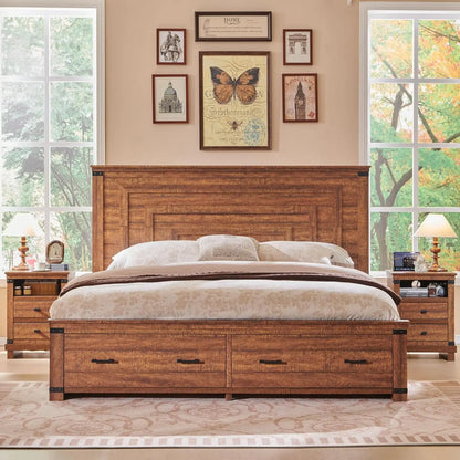 Queen Size Wood Bed Frame with 54" Tall Geometric Headboard, 2 Large Storage Drawers, Solid Wood Slats Support - Ohberri