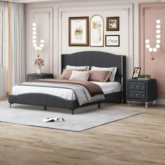 3 Pieces Bedroom Set with Queen Size PU Leather Upholstered Platform Bed and Elegant PU Nightstand with 2 Drawers , Black - Ohberri