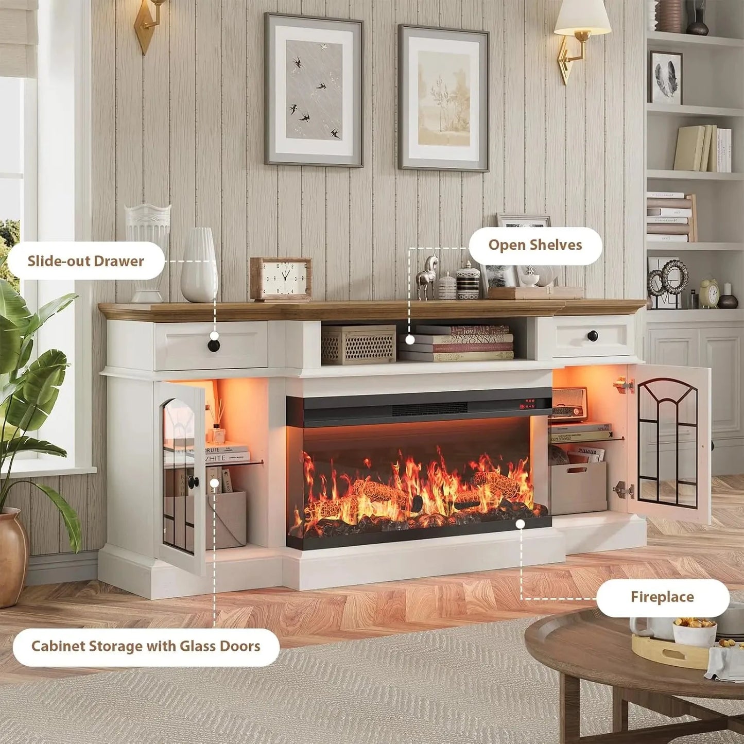 70" Farmhouse Fireplace TV Stand for TVs up to 80" with 36" 3-Side Glass Electric Fireplace Ohberri