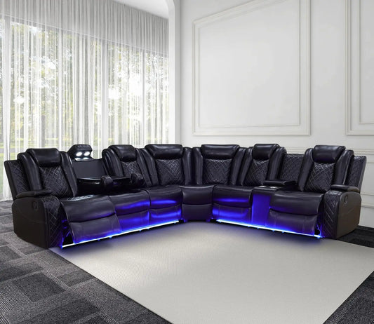 Recliner Leather Sofa Sectional Couch with LED Light with Storage - Ohberri