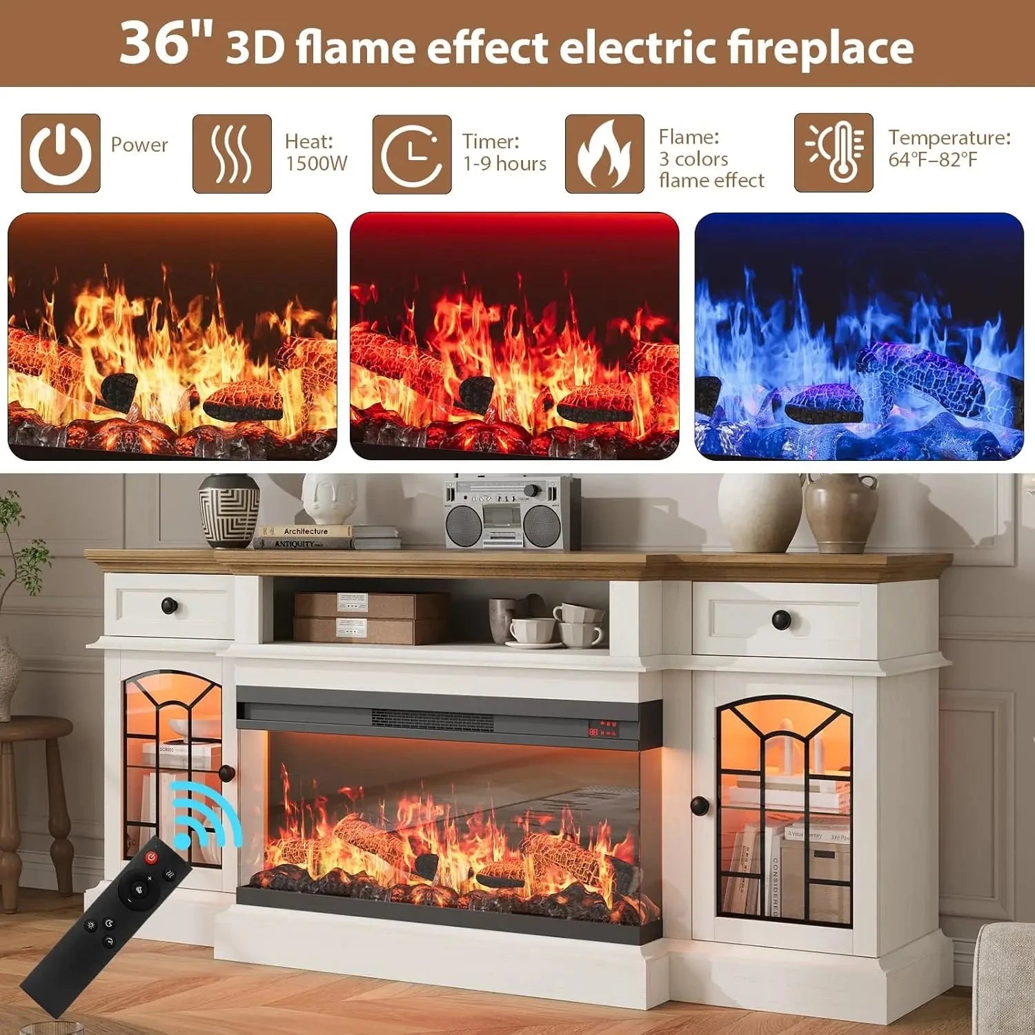 70" Farmhouse Fireplace TV Stand for TVs up to 80" with 36" 3-Side Glass Electric Fireplace Ohberri