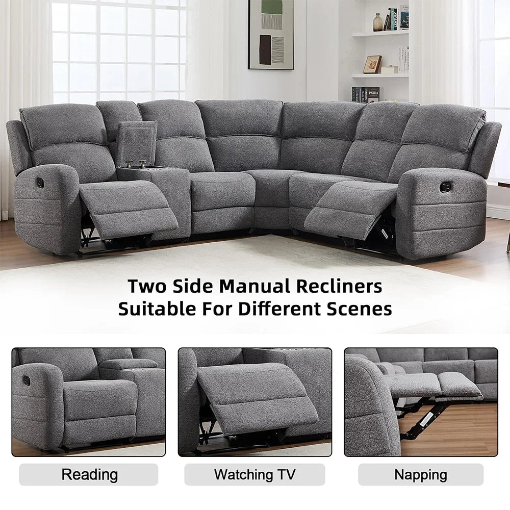 Fabric L-Shaped Reclining Large Corner Sectional with Padded Headrest, 2 Cup Holders - Ohberri