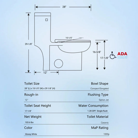 1.28 GPF Single-flush One Piece Toilet, Water-Saving Elongated Ohberri