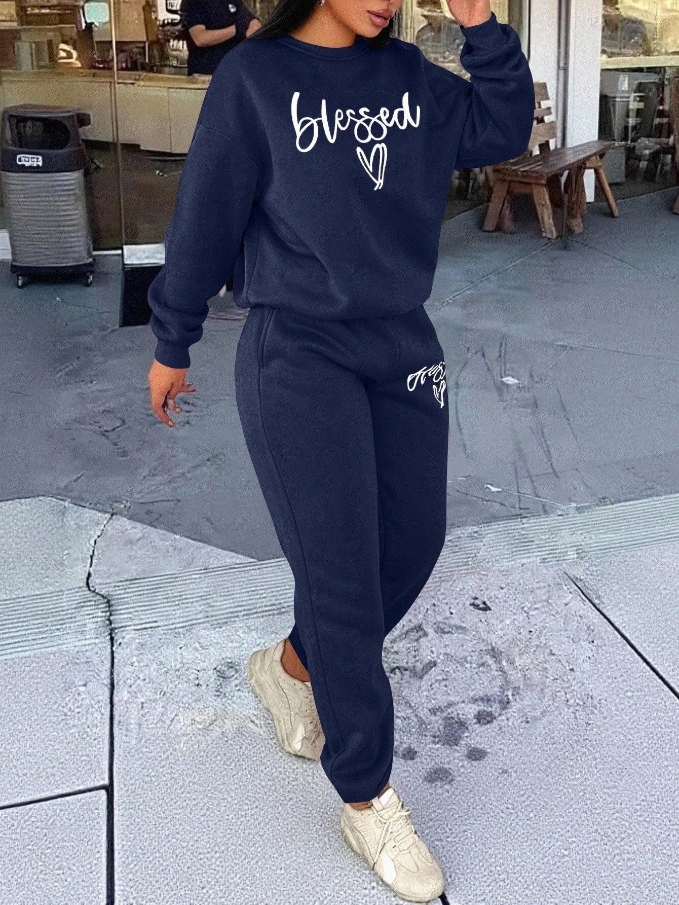 2pcs Letter Printed Crew Neck Long Sleeve Top And Pants Set Ohberri