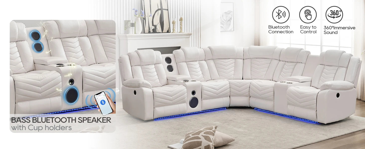 Electric Power Recliner Sectional Sofa With Bass Speakers & LED Lights – Faux Leather L-Shaped Sectional - Ohberri