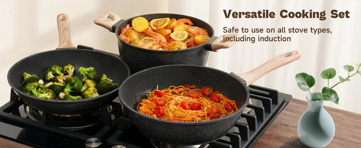 Pots and Pans Set, Nonstick Cookware Sets Black Granite Induction Ohberri