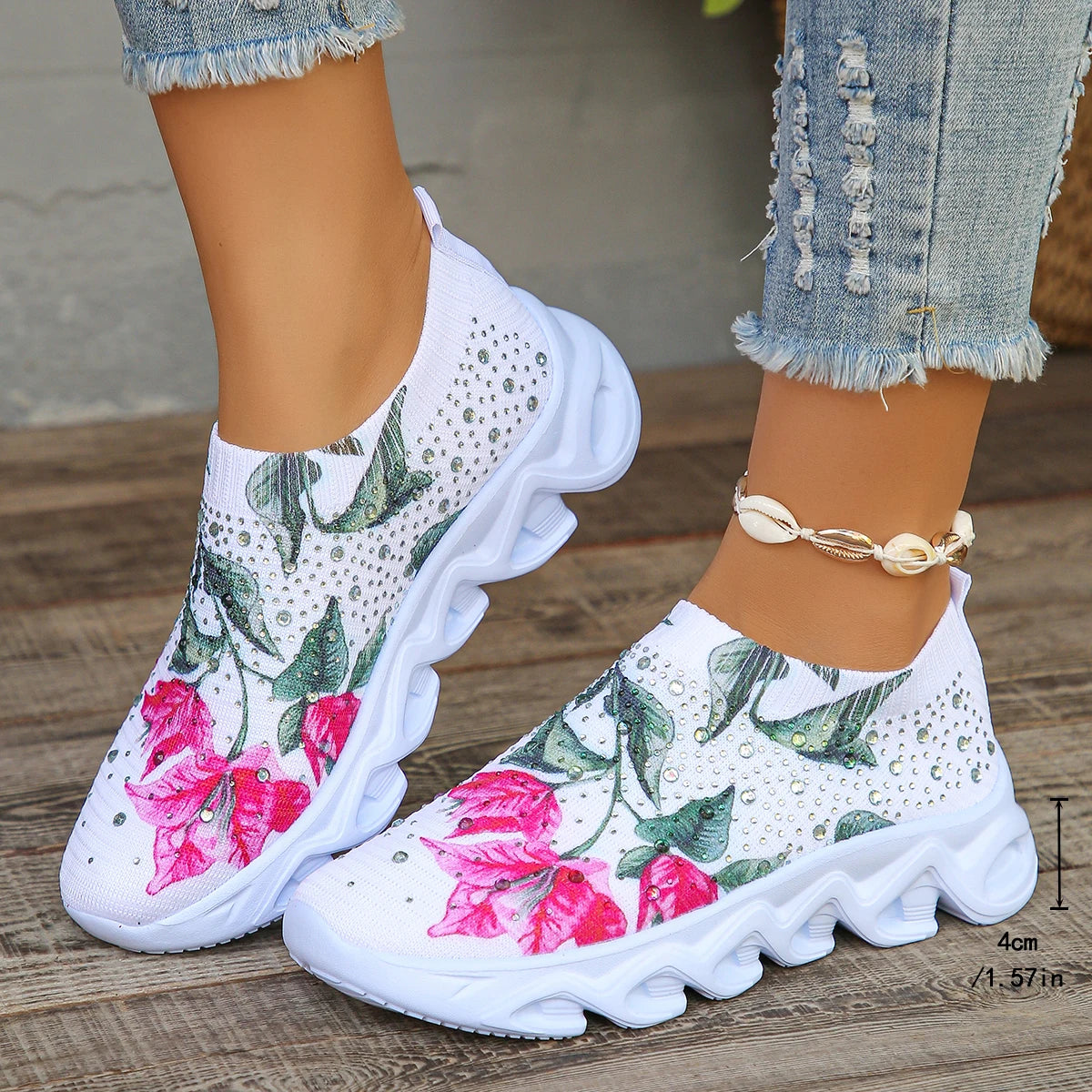 Crystal Floral Women's Knitted Breathable Mesh Sneakers Ohberri